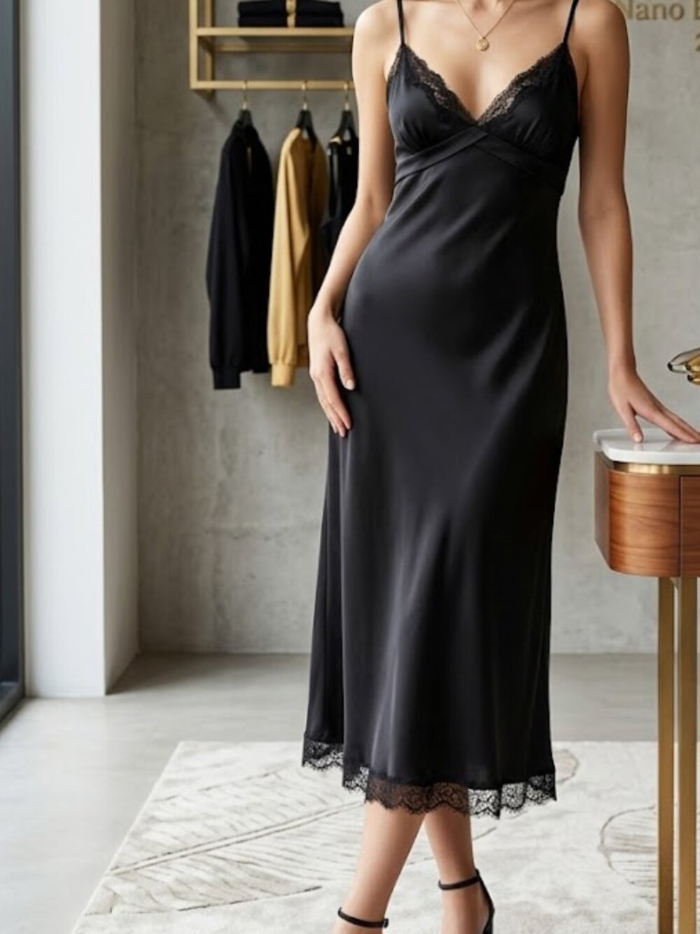 Elegant BCBG Paris Black 100% Silk Lace Beaded Slip Gown Size 2